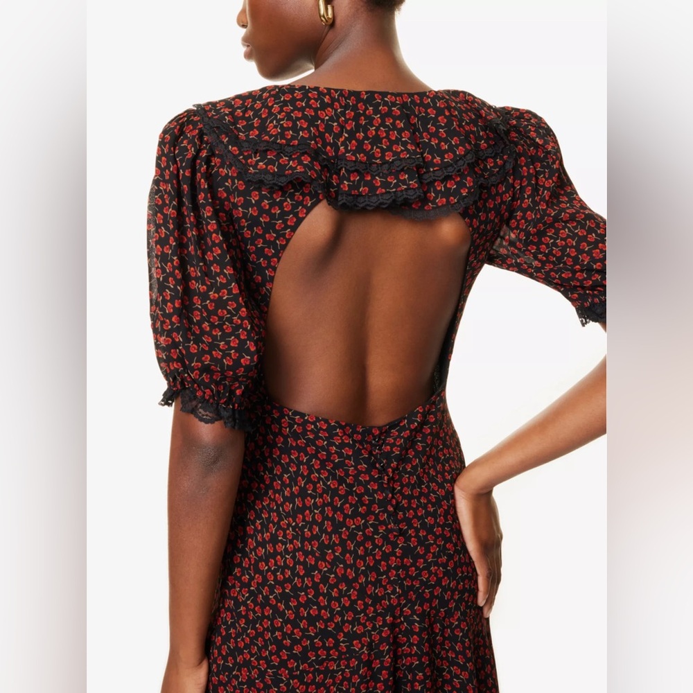 Reformation Black Midi Dress with Red Floral Print and Open Back